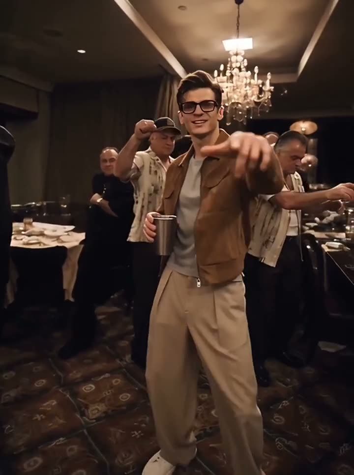 A guy in a suede jacket and glasses, the crowd pointing along.