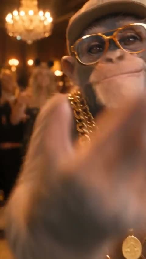 A chimp in gold chains and a flat cap hosts the room.