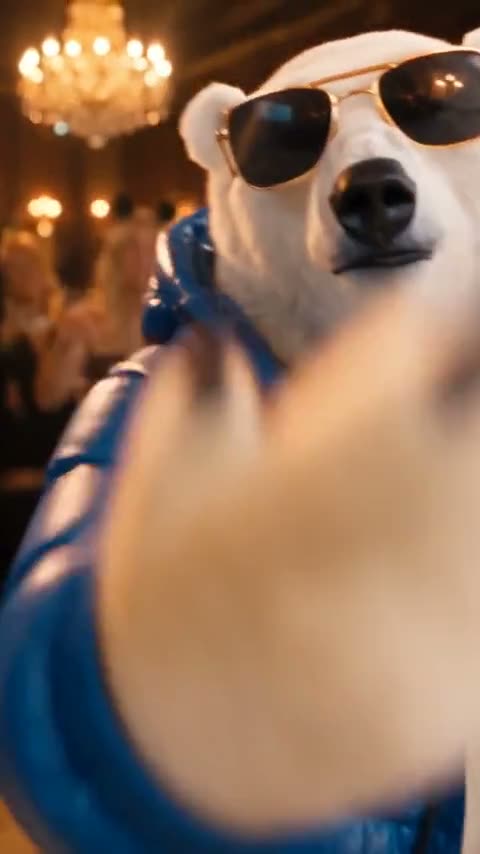 A polar bear in a blue puffer jacket leads the party.